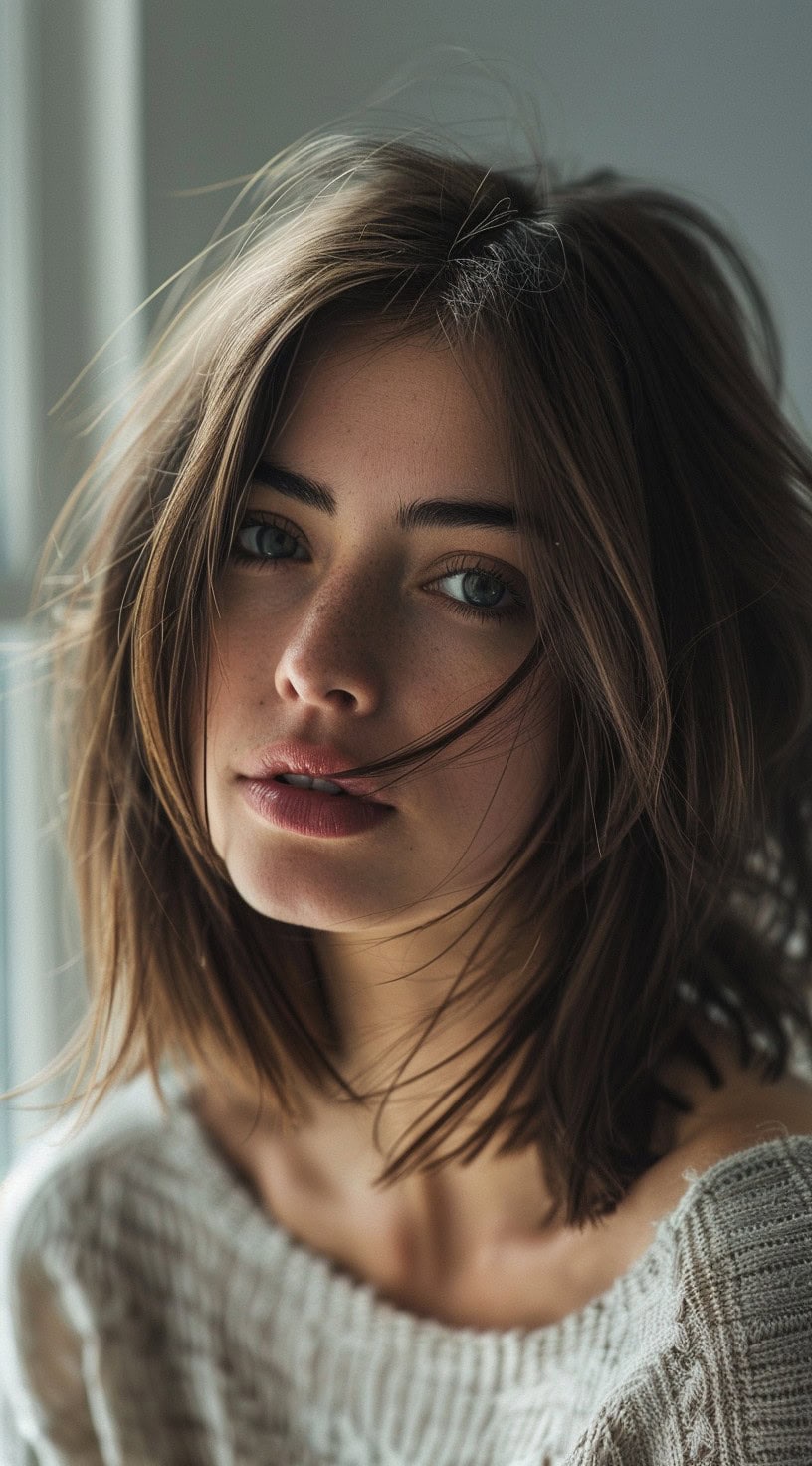 In the photo, a woman with a soft textured lob hairstyle gazes softly at the camera.