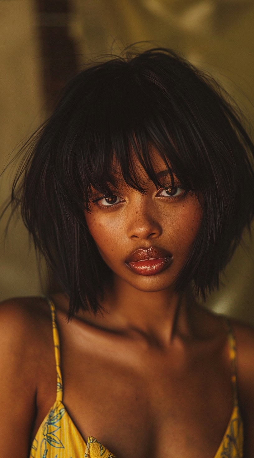 Close-up of a woman with a soft, tousled bob and wispy bangs in a warm, natural light.