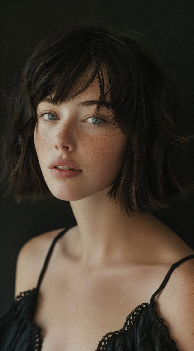 Young woman with a soft tousled bob and wispy bangs, posing in a black dress.