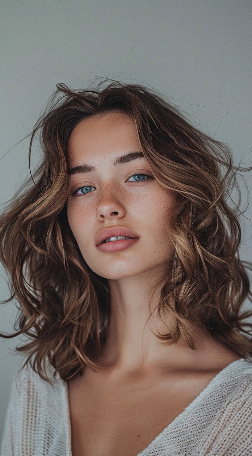 A woman with light brown, wavy hair parted in the middle, framing her face with soft, loose waves.