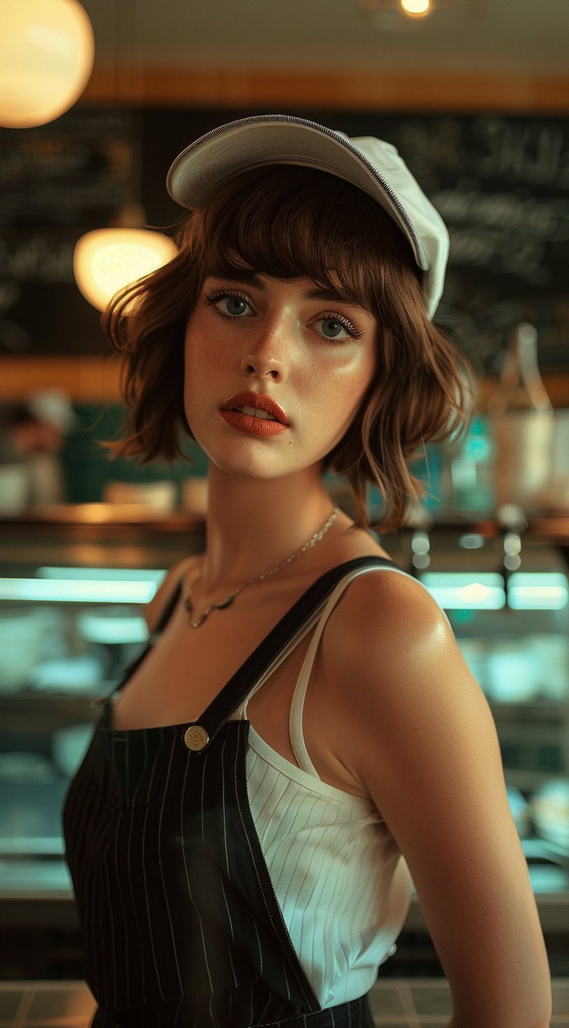 Portrait of a woman with a soft wavy bob and bangs, wearing a white baseball cap.