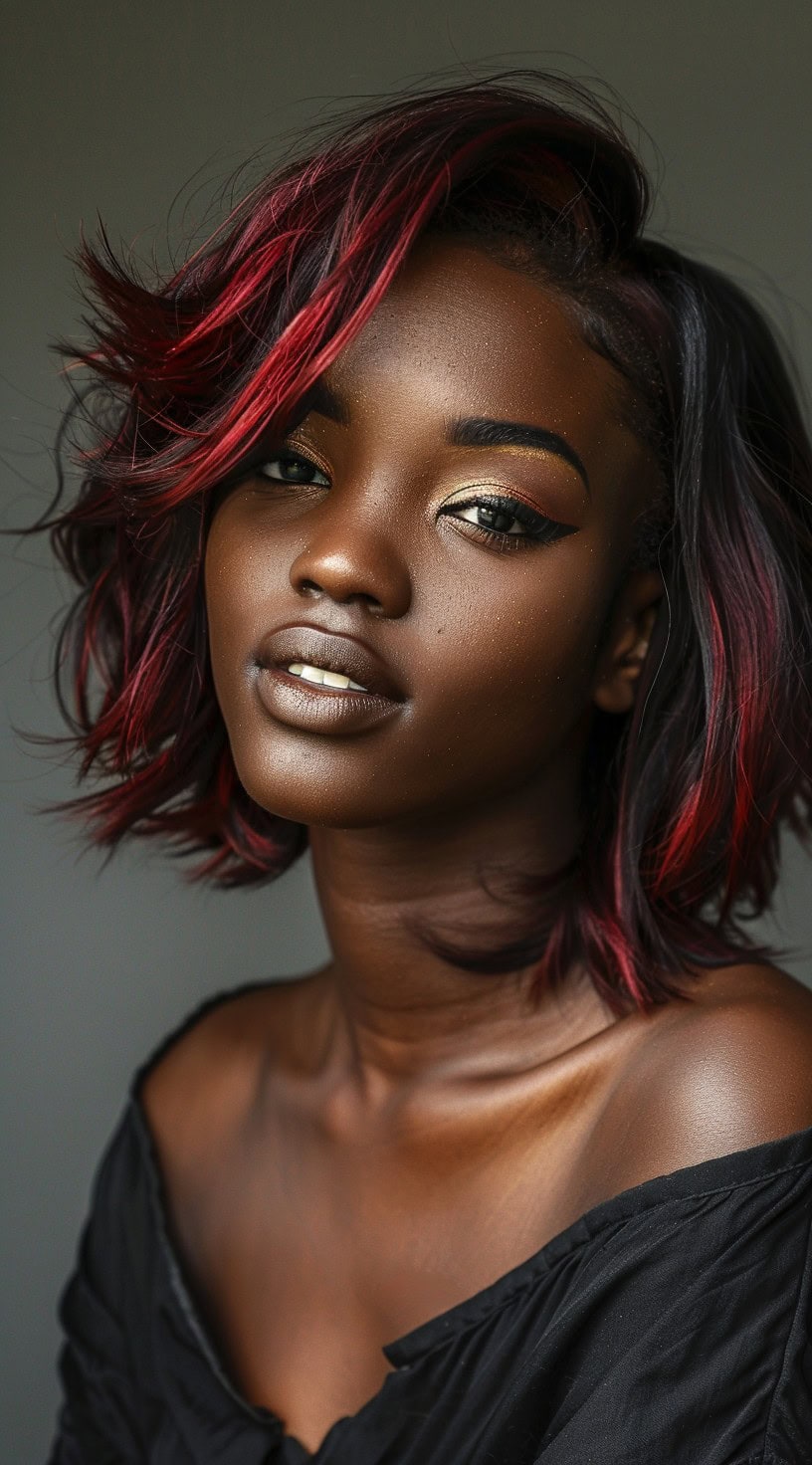 A woman with a soft wavy bob, side part, and red highlights, wearing an off-shoulder black top.