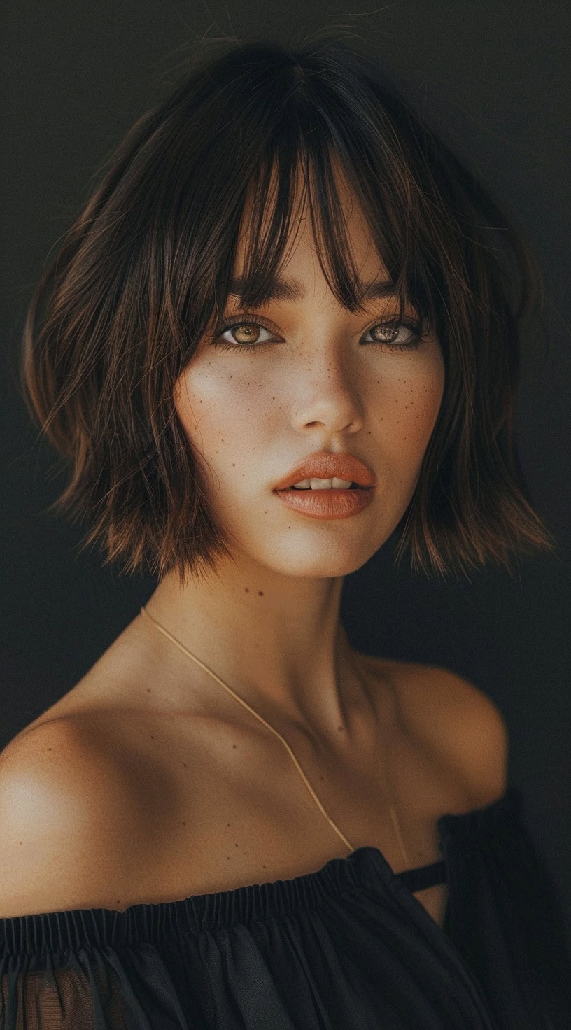 Young woman with a soft wavy bob and wispy bangs, posing against a dark background.