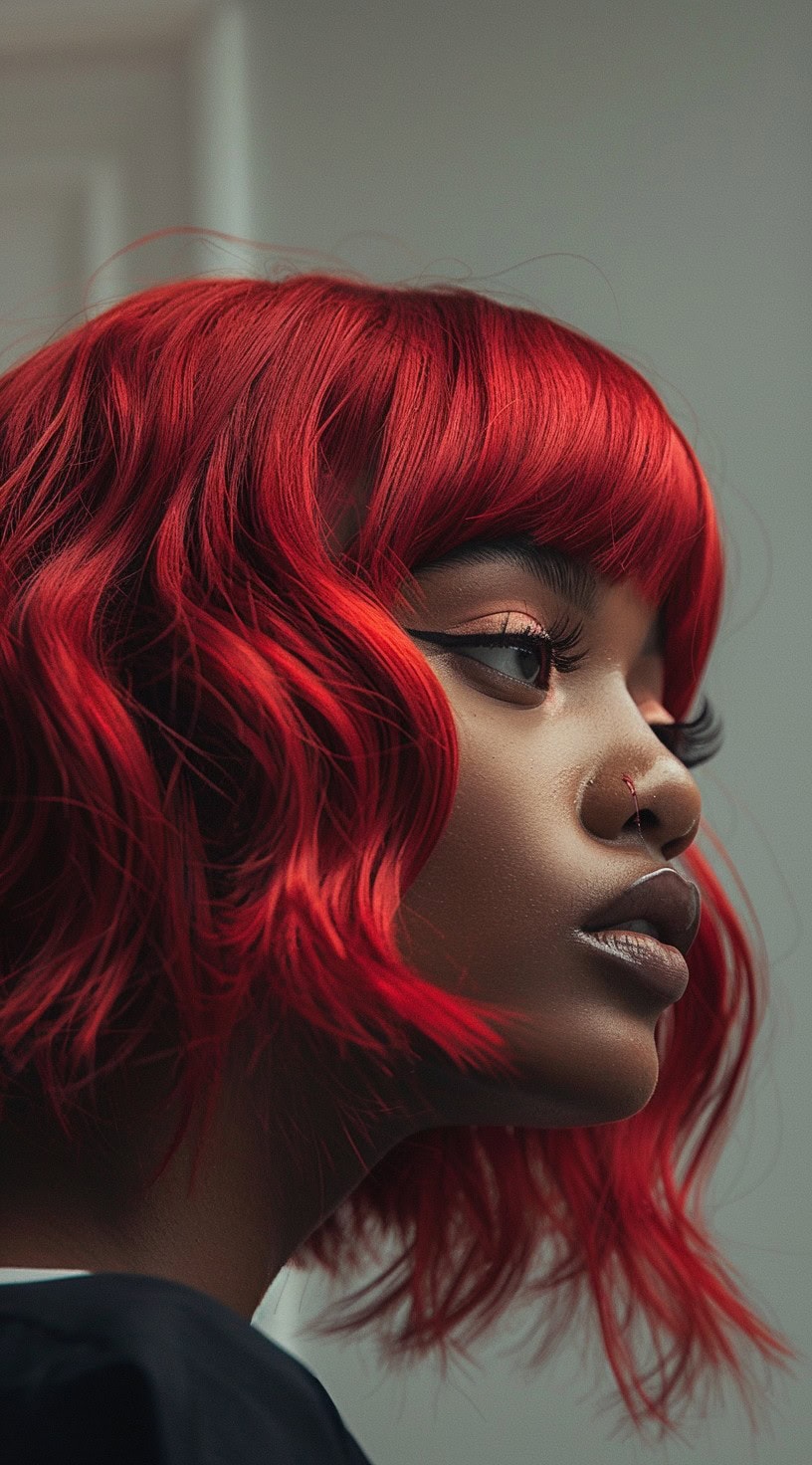 This image shows a close-up profile of a woman with dark skin and a soft, wavy red bob hairstyle.