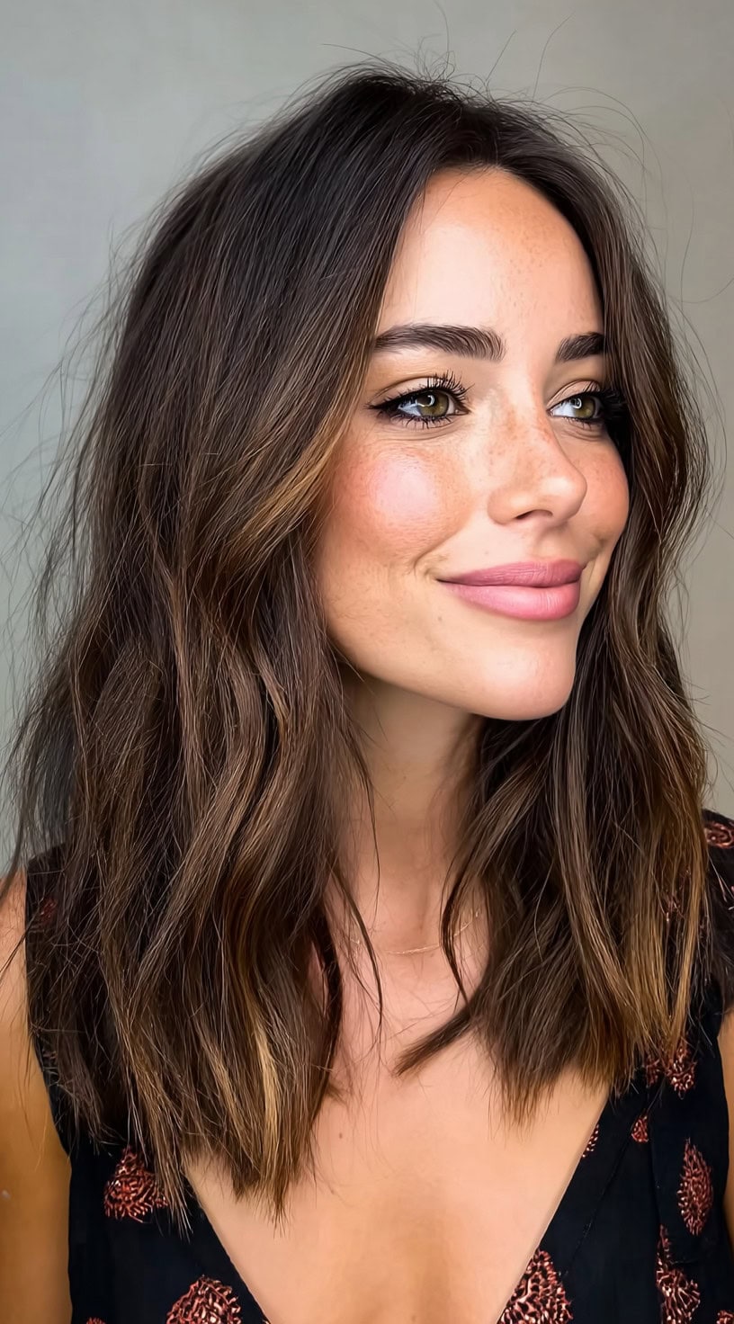A woman with a soft wavy lob featuring natural texture, light layering at the ends, and a relaxed, effortless finish.