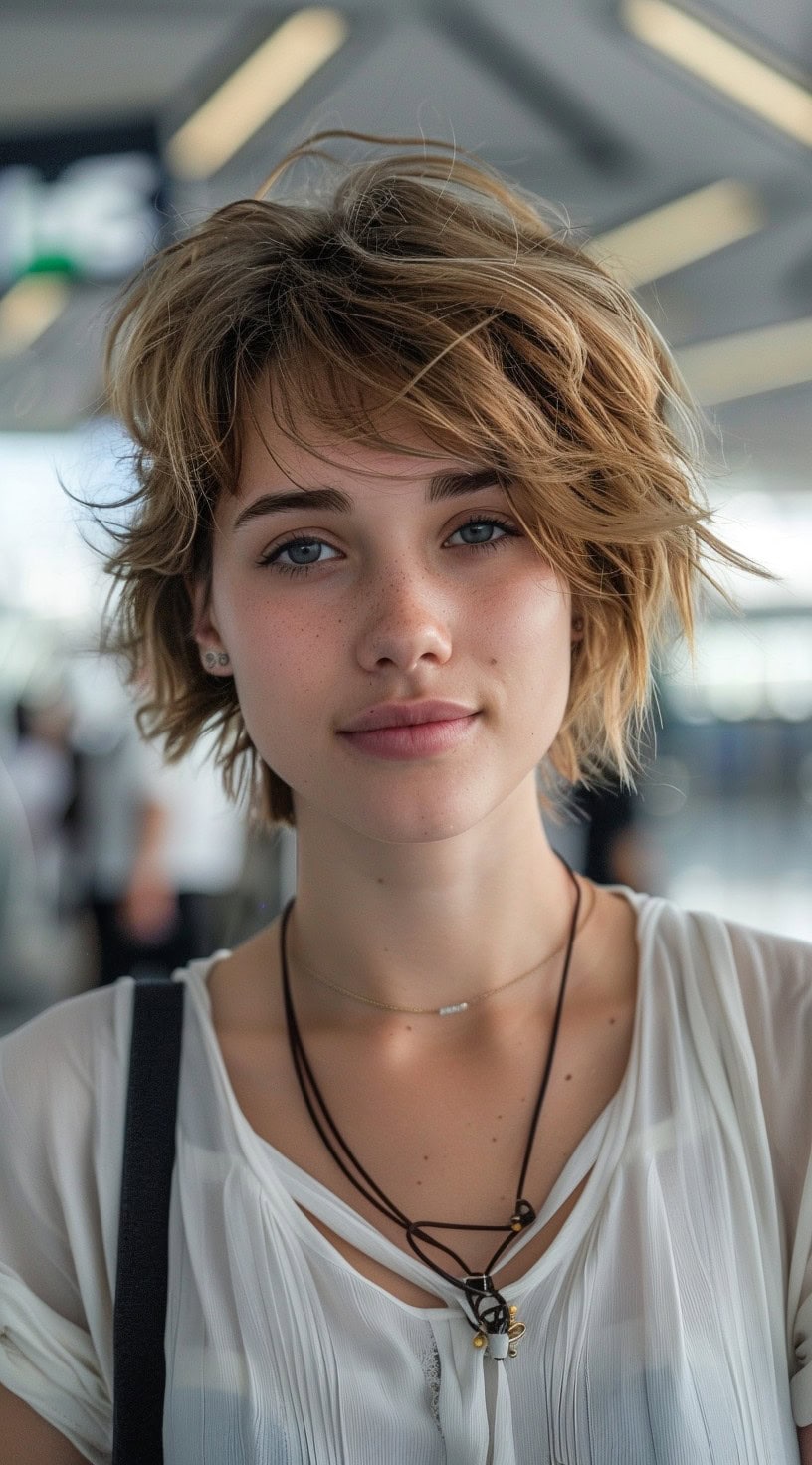 In the image, a person with a soft wavy shag haircut poses inside an airport terminal.