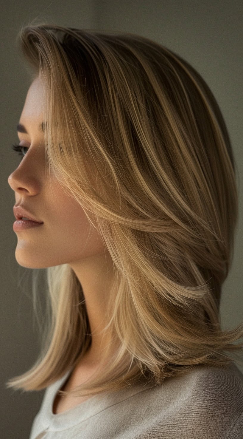 Young woman with a softly feathered lob, her hair elegantly framing her face.