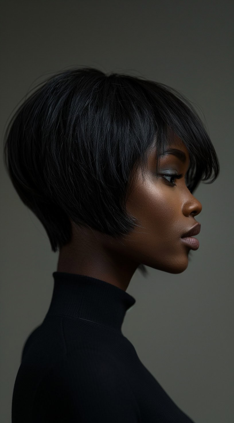 Profile view of a woman with a stacked bob and side bangs, emphasizing the layered cut.