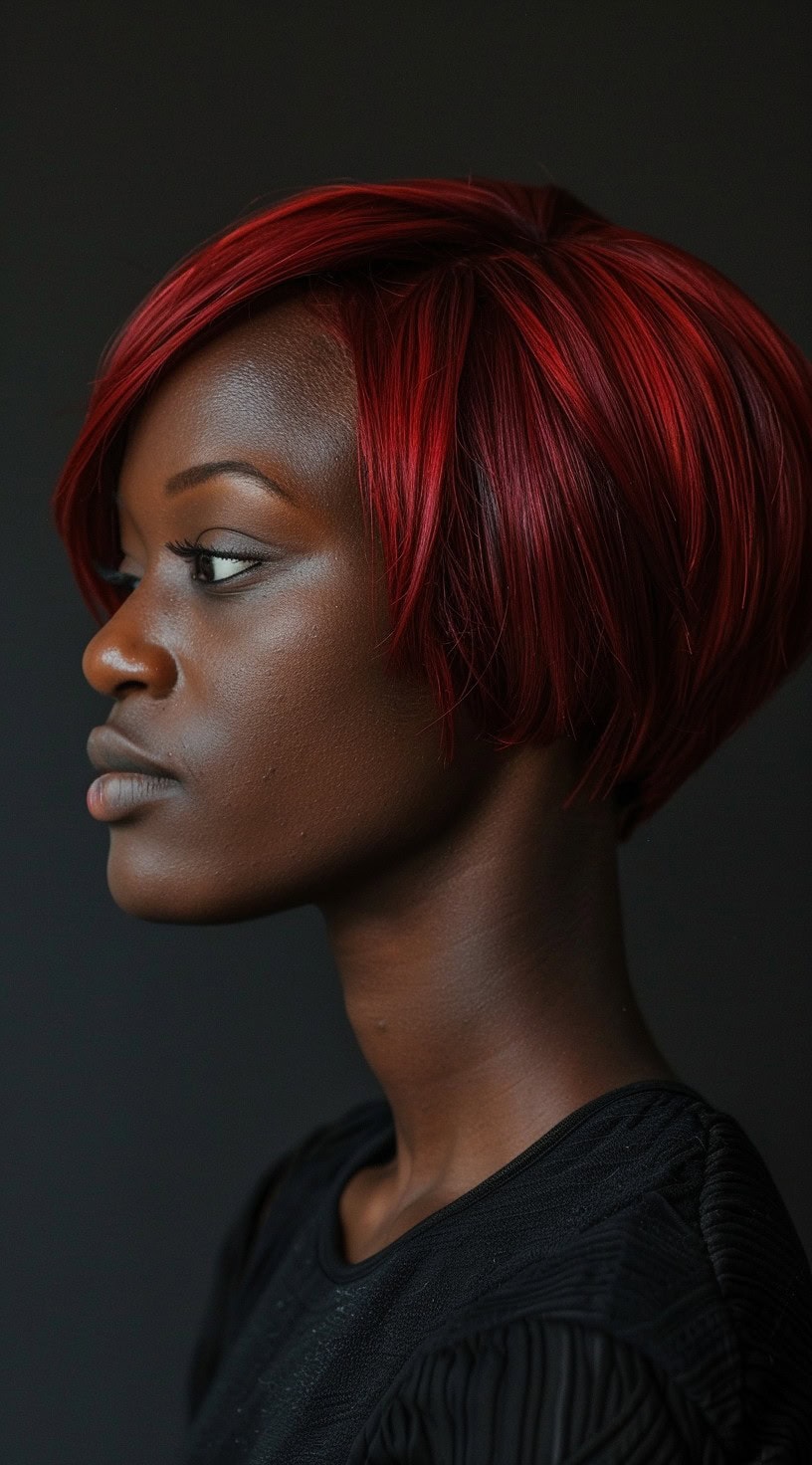 In the photo, a woman with a sleek red stacked bob is shown.