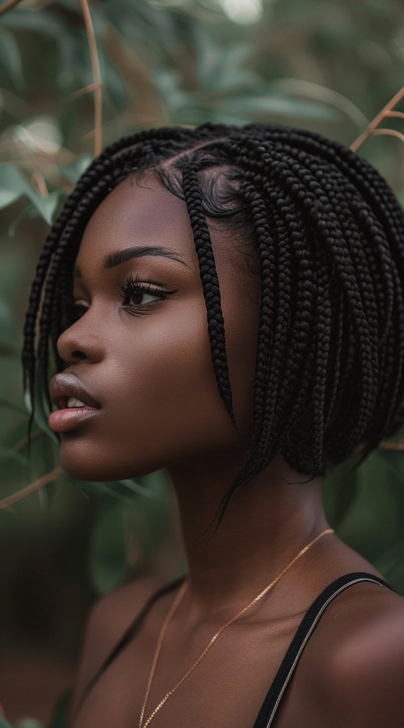 A side profile of a woman with a stacked braided bob, surrounded by lush greenery.