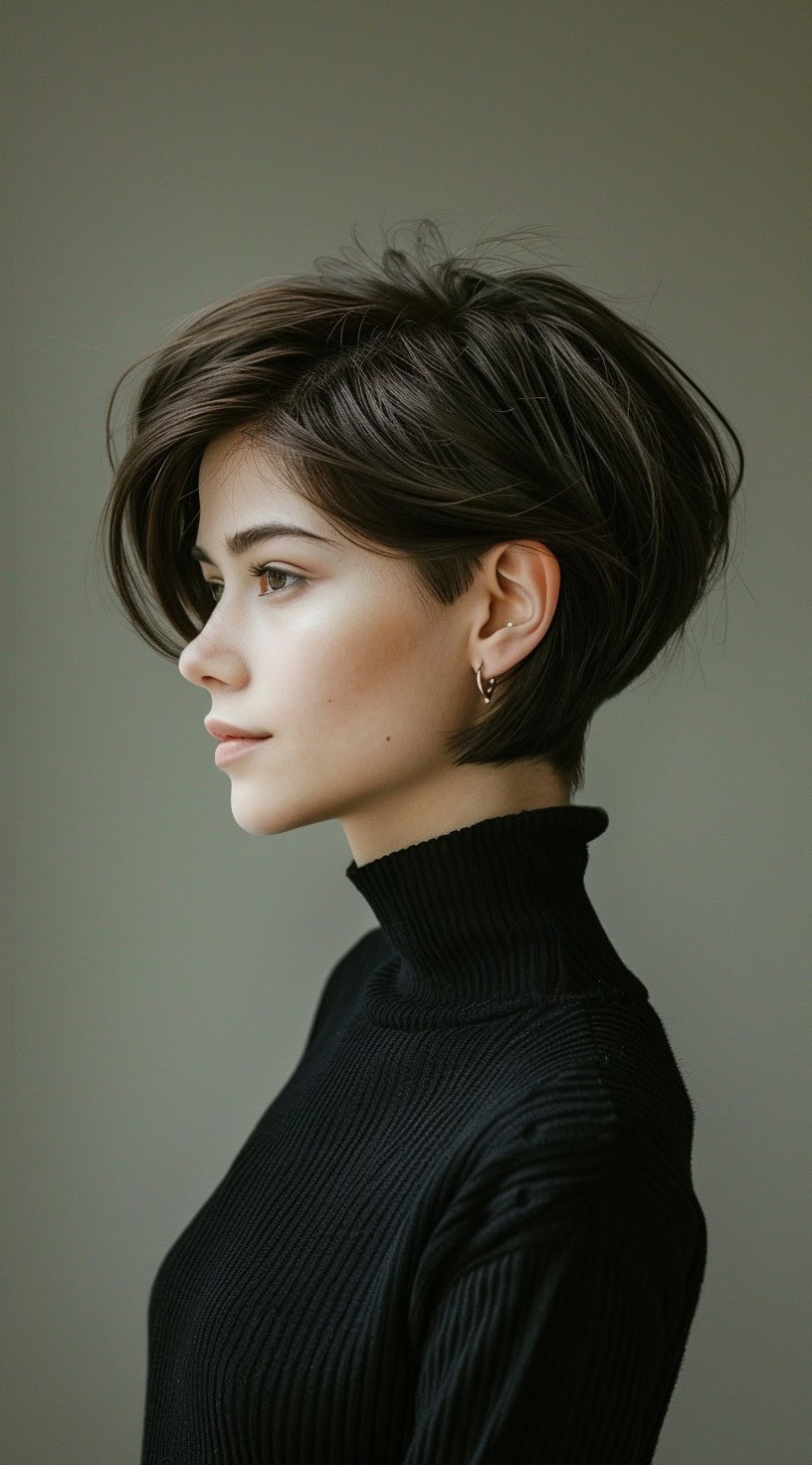 A woman with a stacked pixie bob hairstyle is depicted in the photo, highlighting its short and voluminous layers.