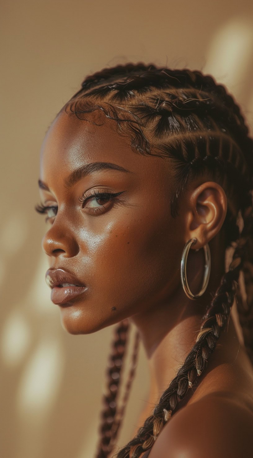 Side profile of a woman with stylish stitch braids.