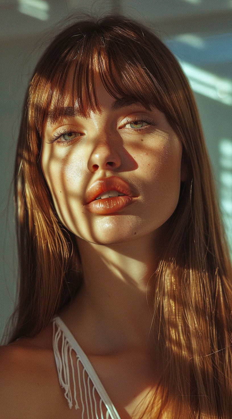 Close-up of a woman with straight and sleek hair, complemented by bottleneck bangs for a polished look.