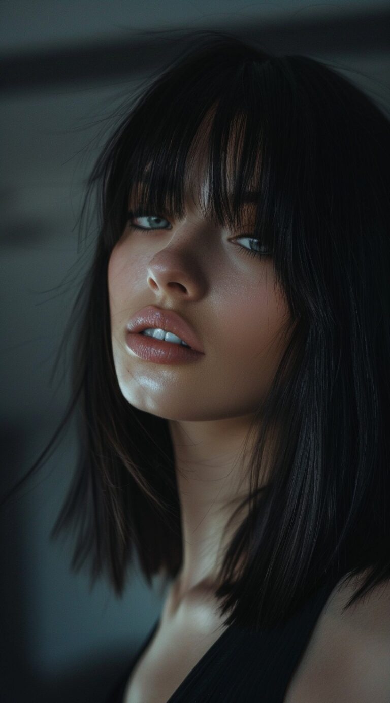 Woman with a heavy lob hairstyle featuring wispy bangs and textured layers