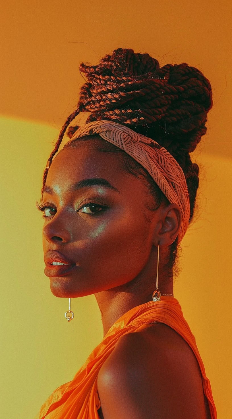 A woman with a braided top knot and a stylish headband, bathed in warm, golden light.