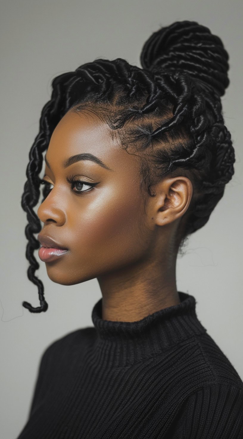 Side profile of a woman with a stylish faux locs updo.