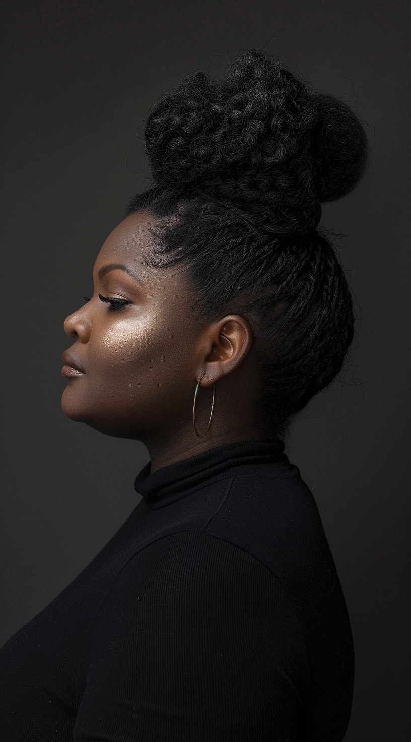 This image shows a black woman with a stylish top knot, her hair pulled up into a high bun, creating a sleek and elegant updo.