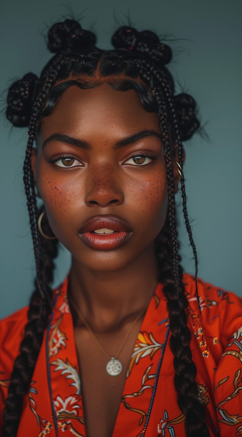 A young woman with symmetrical Bantu knots, face-framing braided tendrils, and two braided pigtails, wearing a vibrant orange outfit.