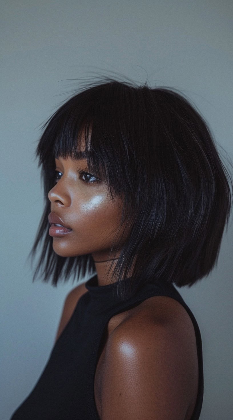 Side profile of a woman with a textured bob haircut and piecey bangs, wearing a black sleeveless top.