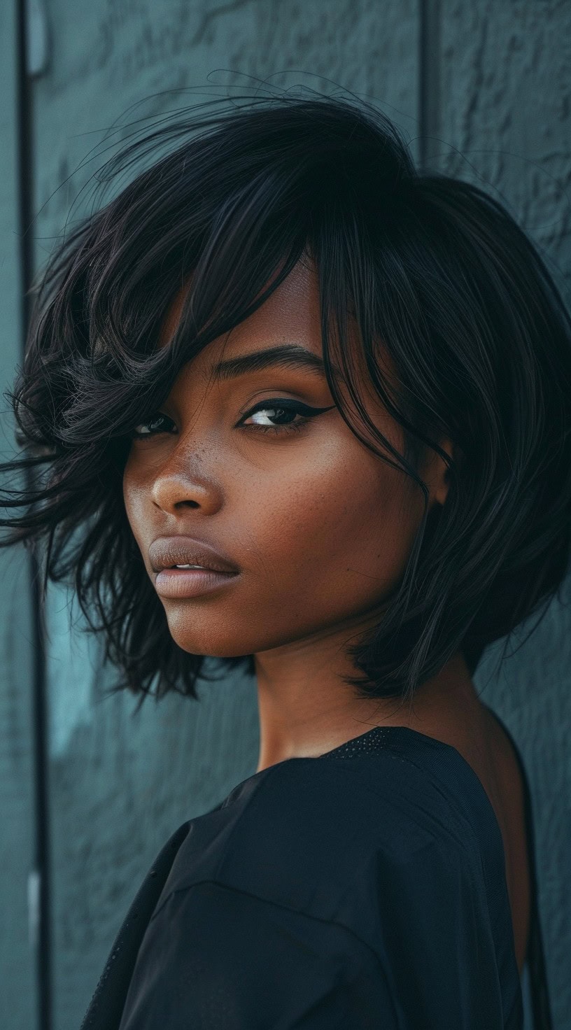 Close-up of a woman with a textured bob and voluminous bangs, looking confidently towards the camera.