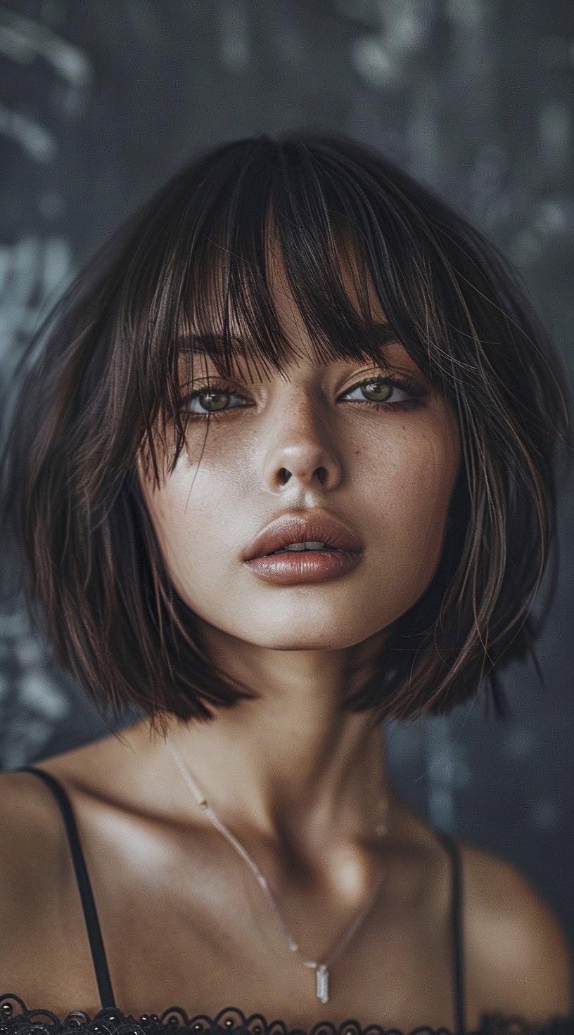 Young woman with a textured bob and wispy bangs, standing in front of a dark backdrop.