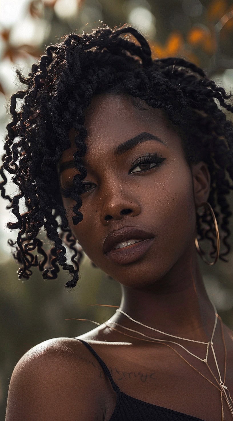 This image shows a woman with textured crochet twists styled with a fringe.