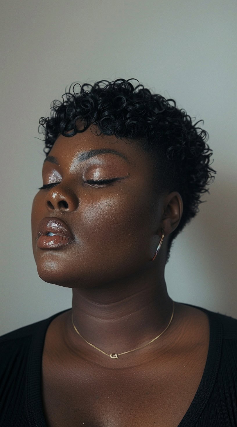 This image shows a black woman with a textured curls pixie cut, featuring an undercut that adds an edgy twist.