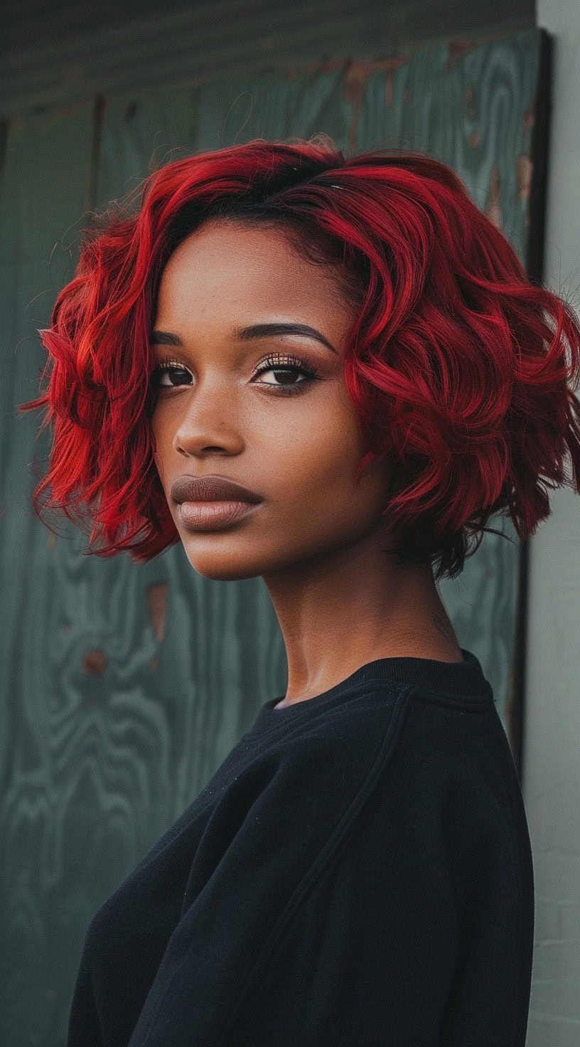 This image shows a woman with dark skin and a textured curly red bob, looking into the camera with a serene expression.