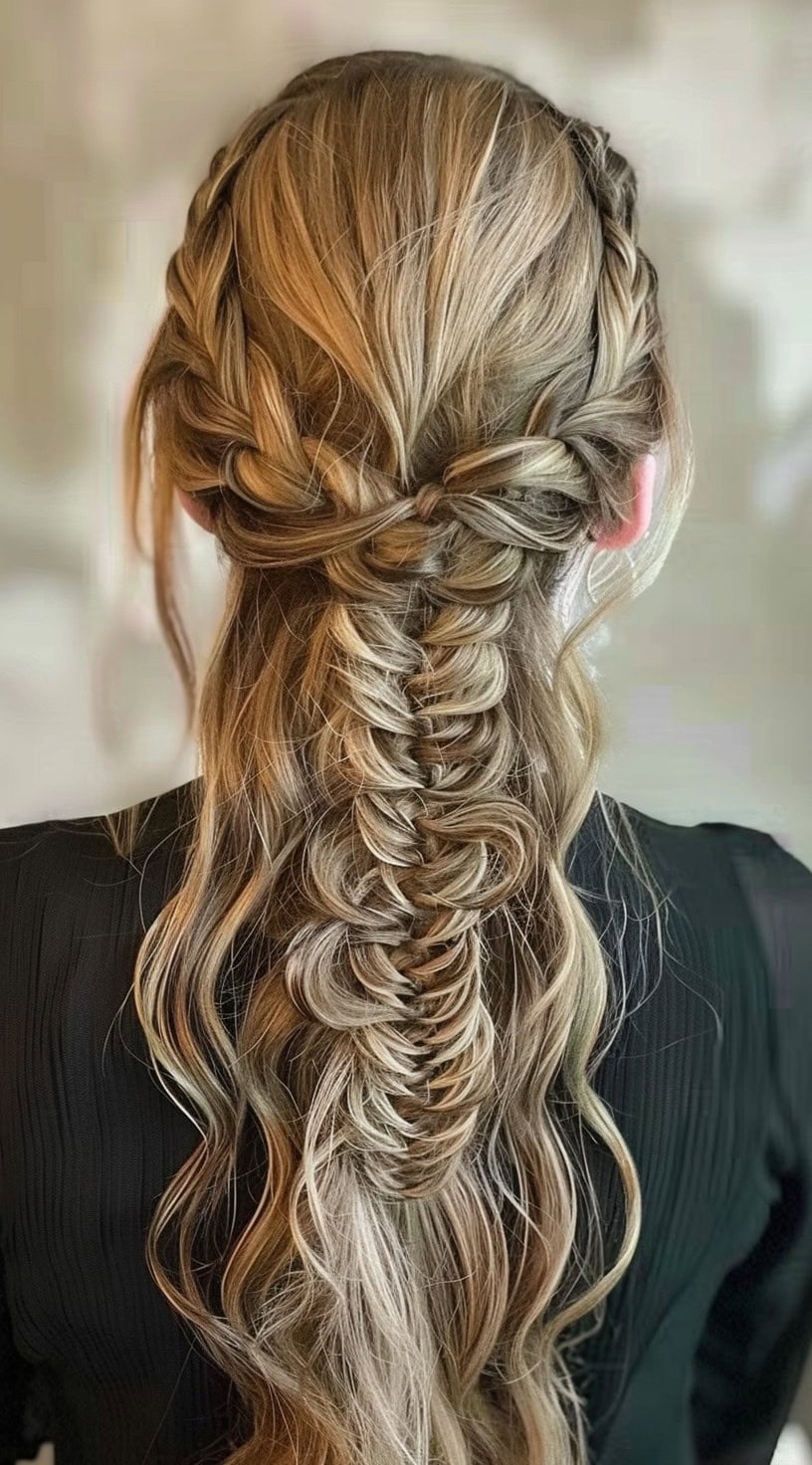 This image displays a textured fishtail braid half-up hairstyle with a braided crown and waves.