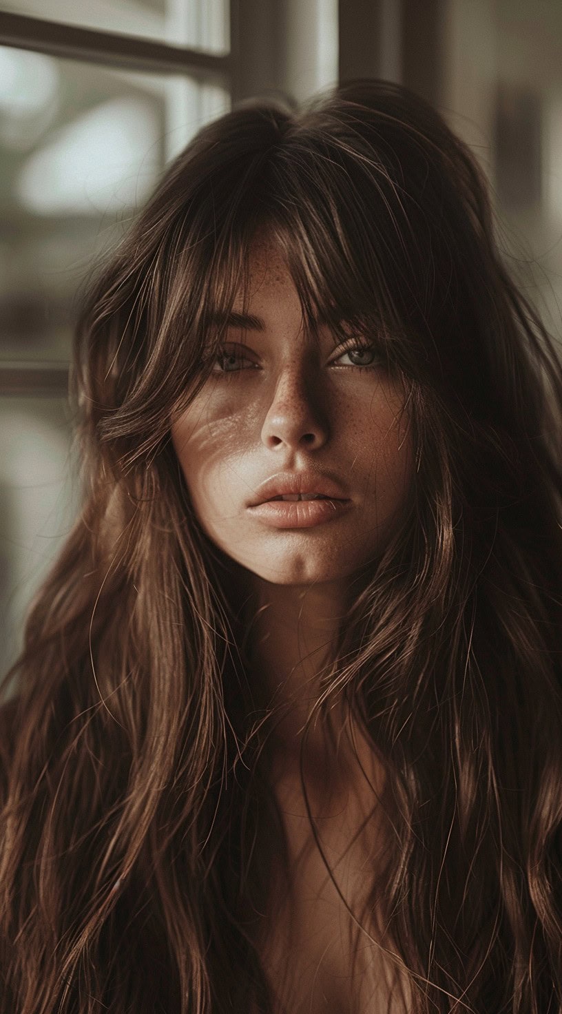 A woman with long, textured layers and a fringe.