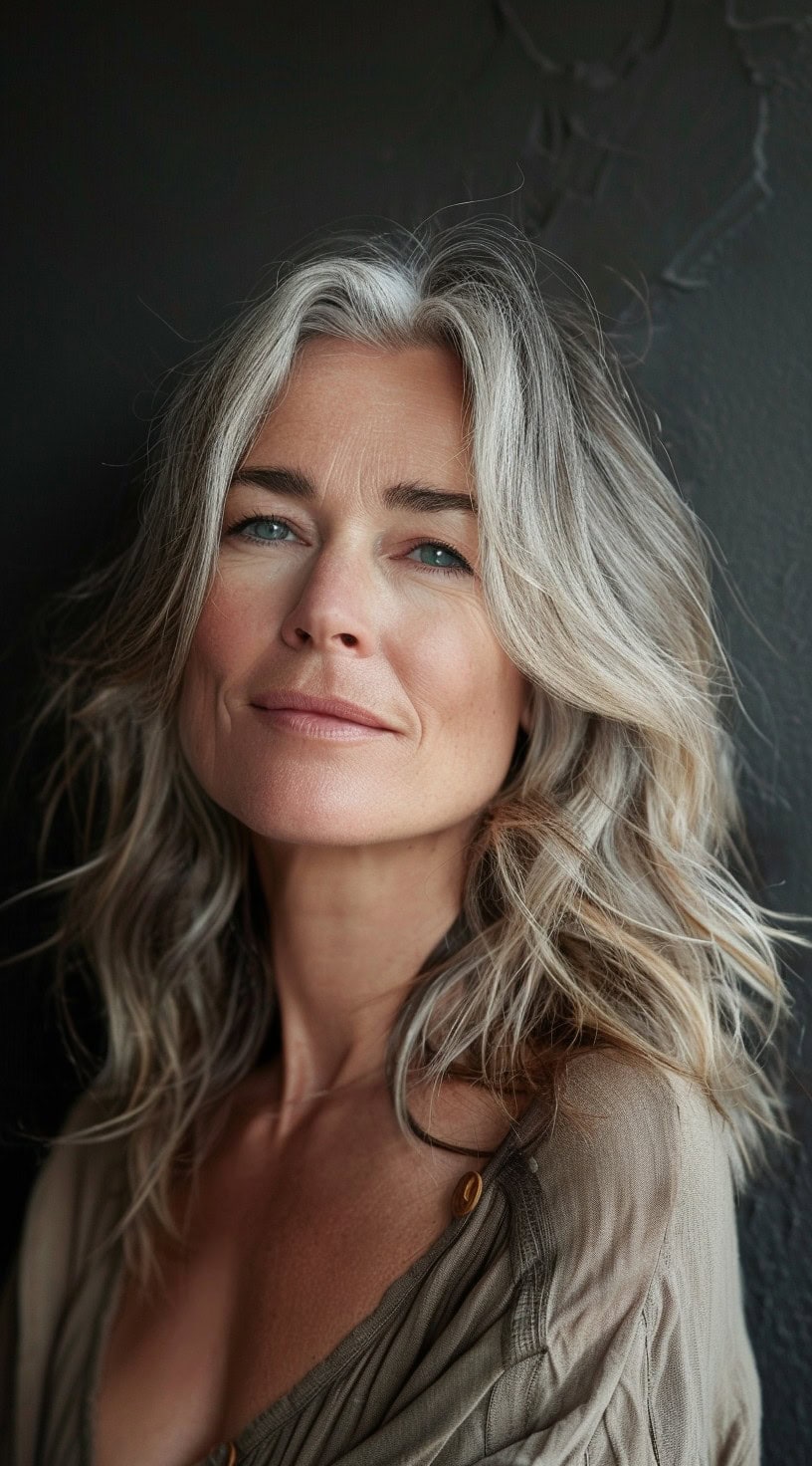 Textured layered hairstyle on a woman with silver-gray hair, adding volume and dimension.