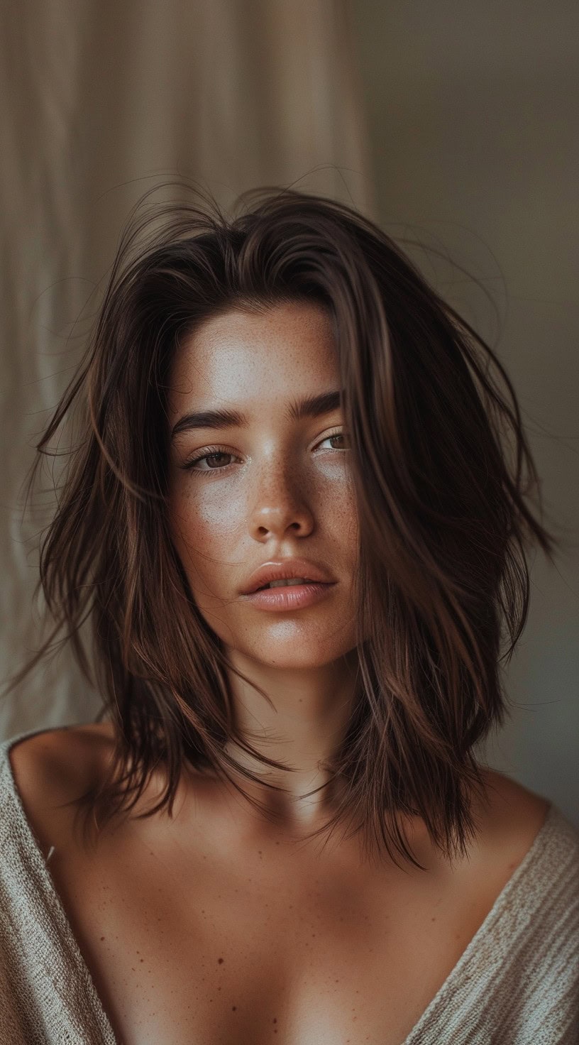 A woman with a textured lob and natural waves poses against a neutral background.