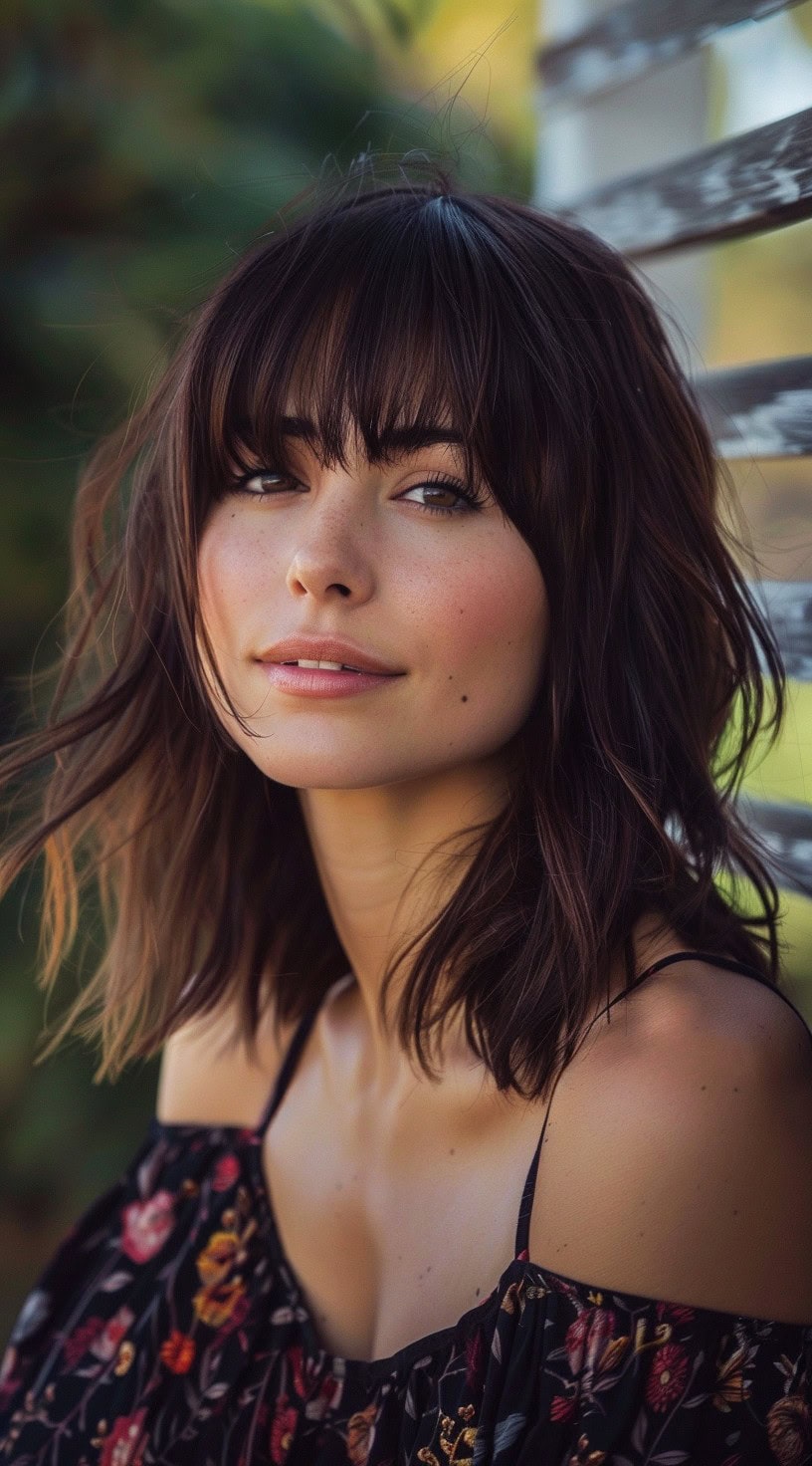 In the photo, a woman with a textured lob and soft bangs smiles gently at the camera.