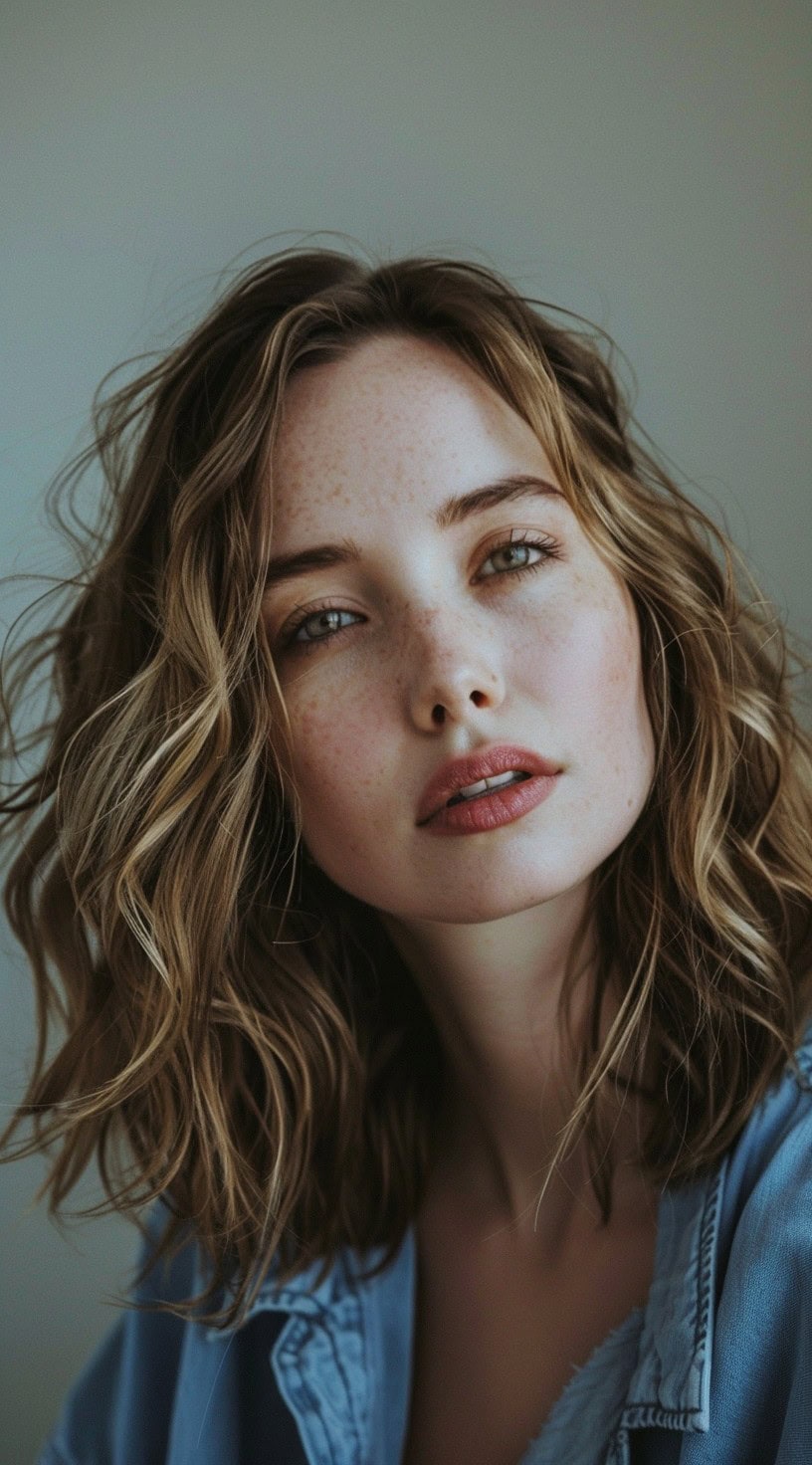 Front-facing view of a woman with mid-length, textured waves, and a slightly tousled look.