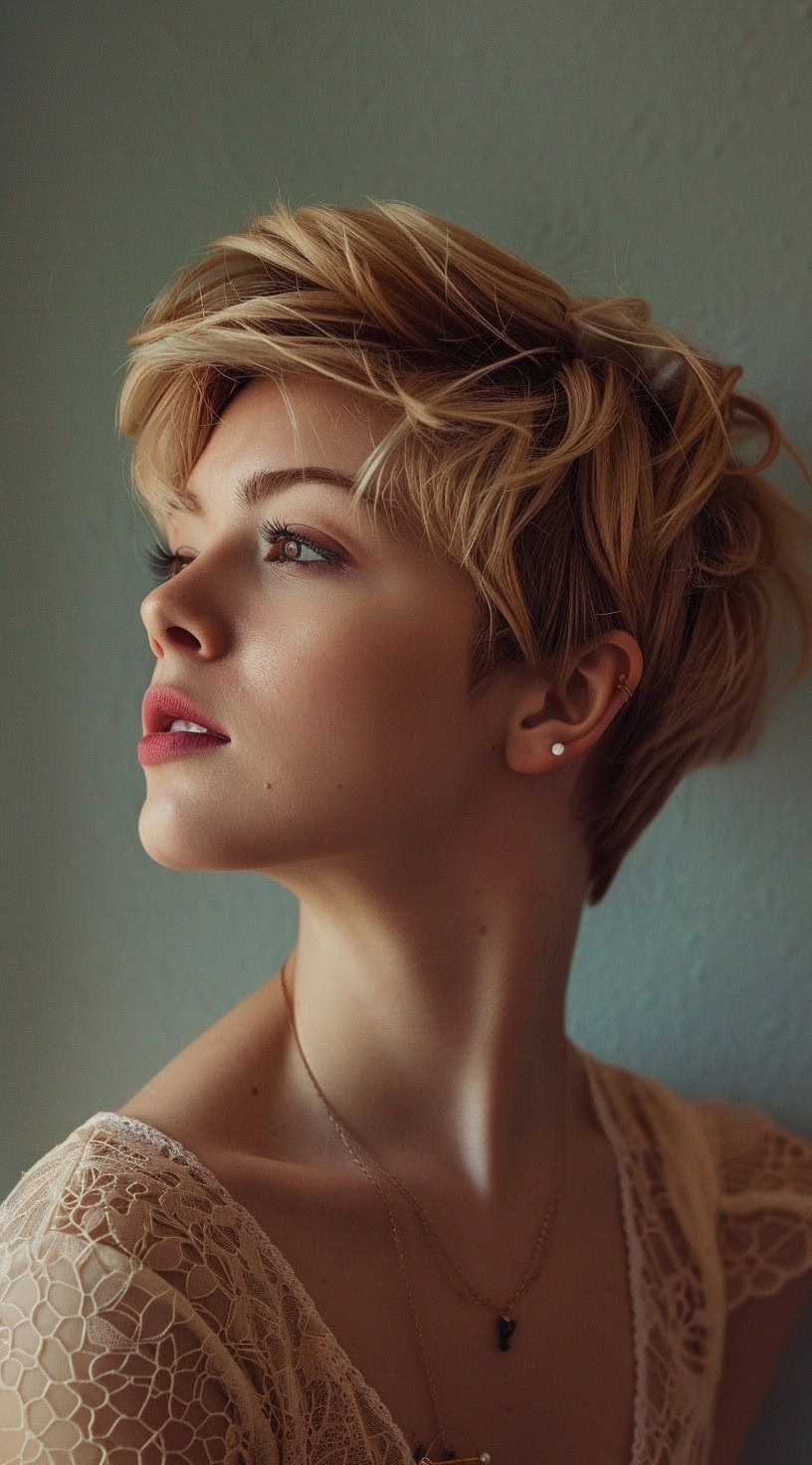 In this photo, a woman with a textured pixie cut and layered bangs looks to the side.