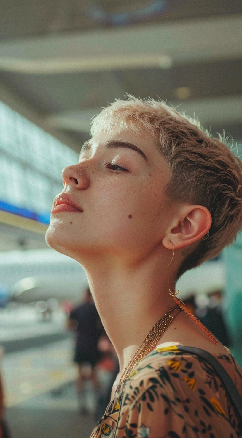 A side profile of a woman with a textured pixie cut and minimal makeup.