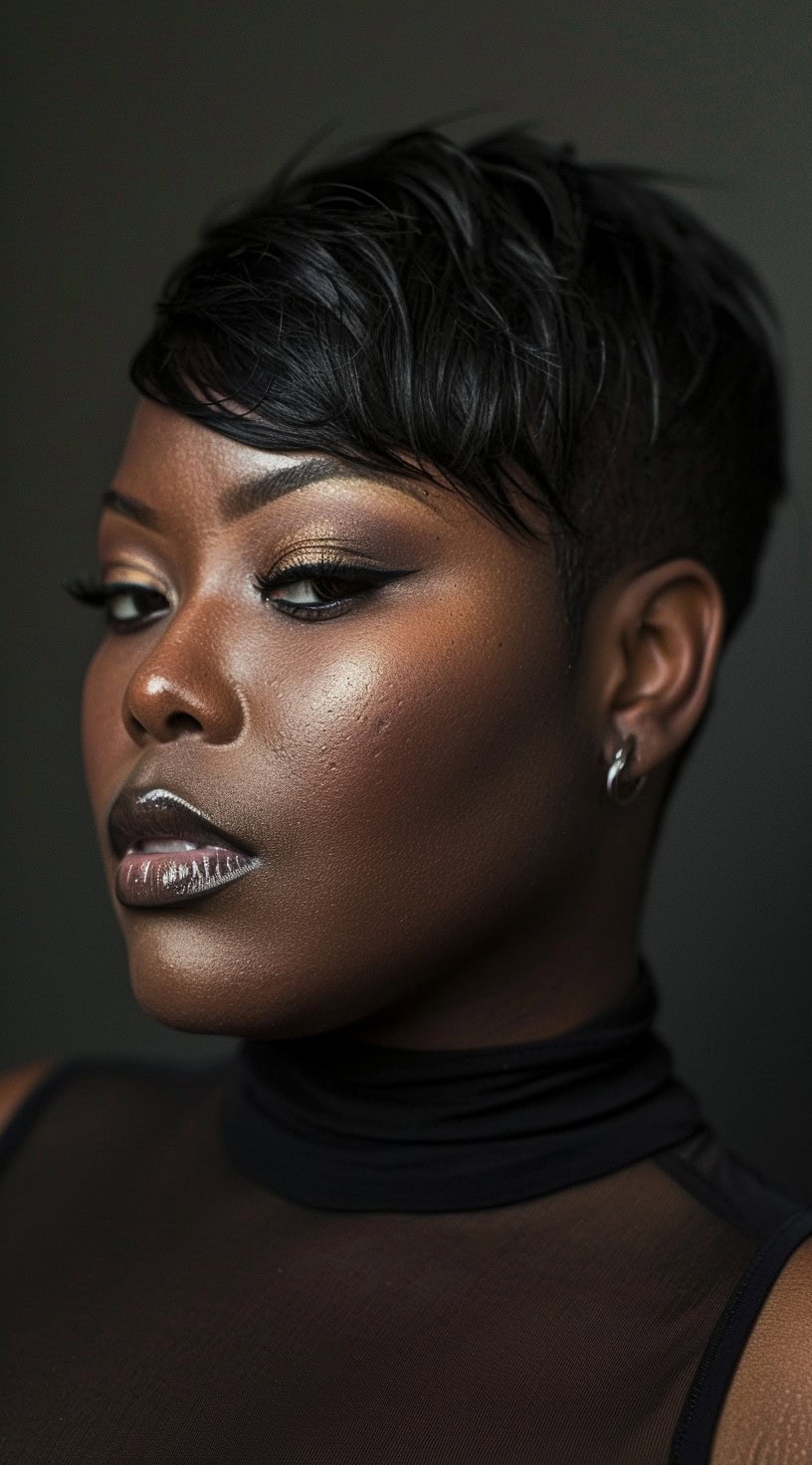 This image shows a black woman with a sleek side-swept pixie cut, featuring textured, layered hair swept to the side.