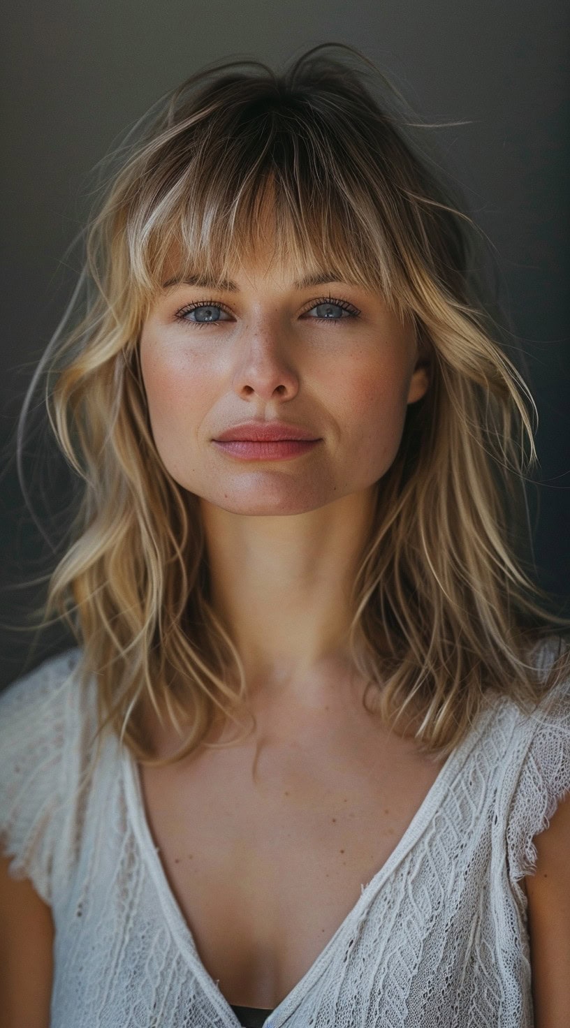 Textured waves with wispy bangs on a woman with blonde hair, adding a soft and playful touch.