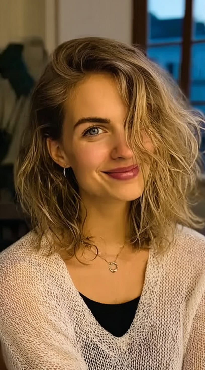 A woman with a textured wavy lob and a deep side part that creates lift at the roots and definition through the lengths.