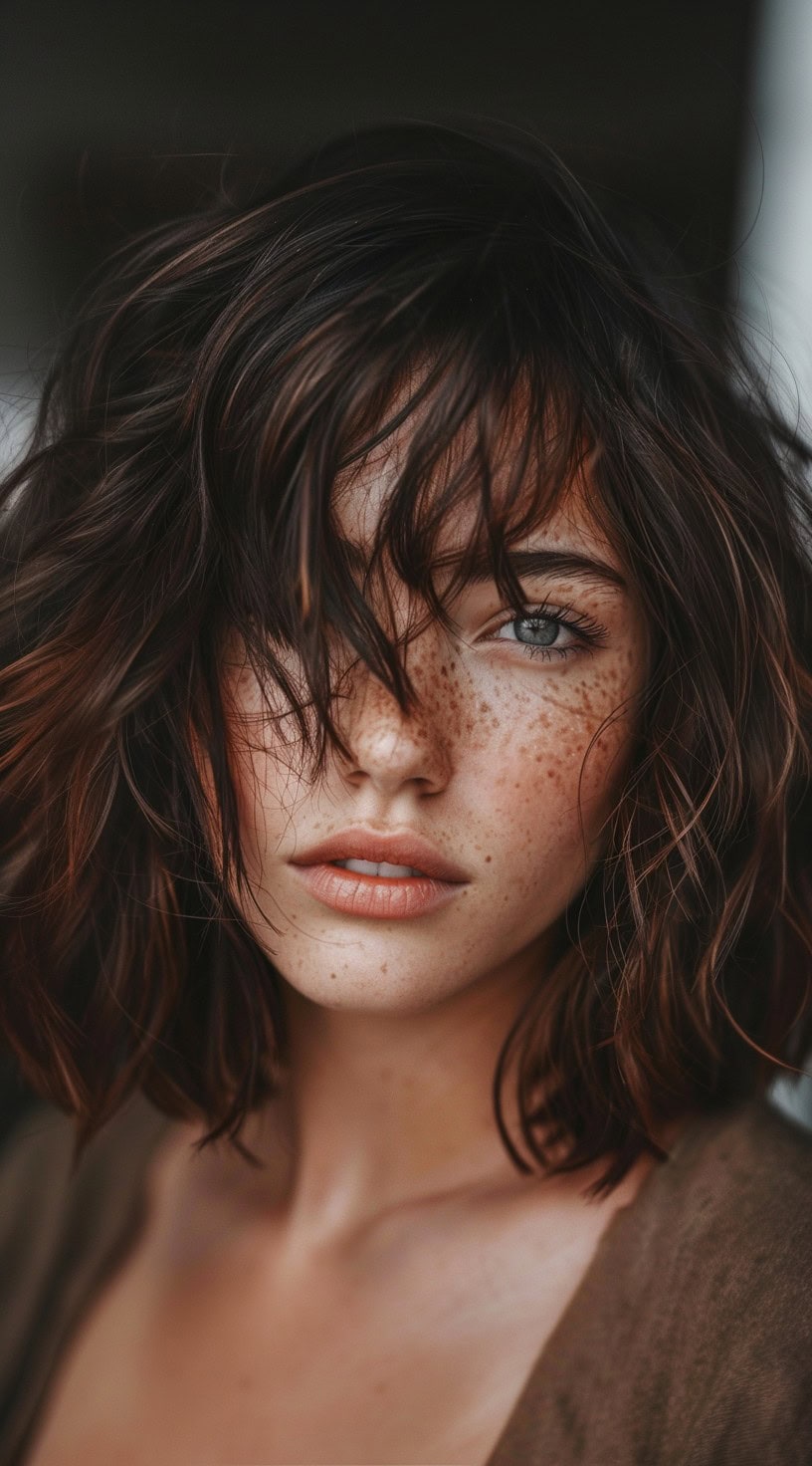 A woman with a textured wavy lob, long side bangs, and peekaboo highlights looks into the distance.