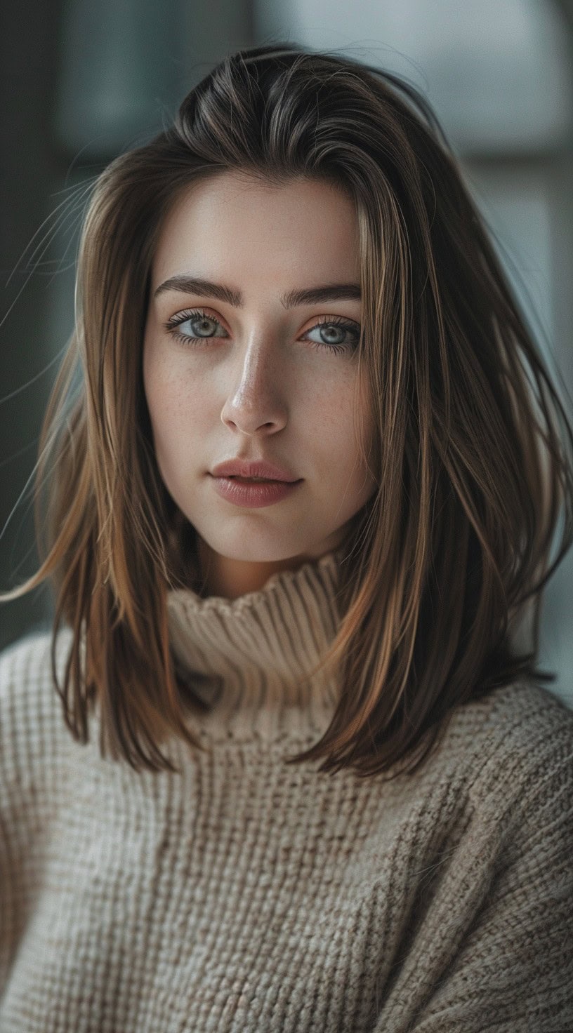 Young woman with a lob haircut, wearing a cozy knit sweater.