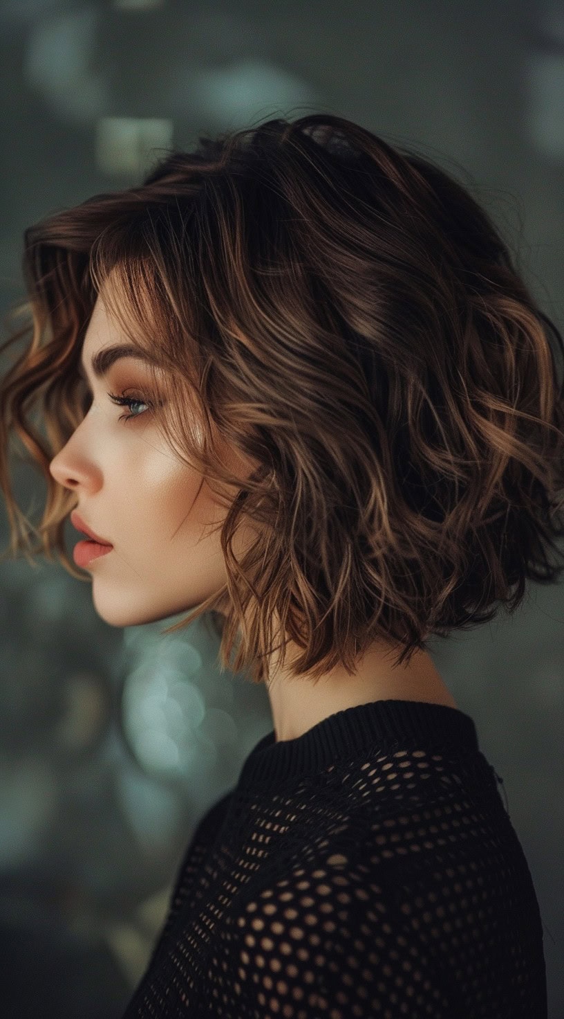 A woman with a textured wavy stacked bob hairstyle is shown, highlighting its soft waves and voluminous layers.