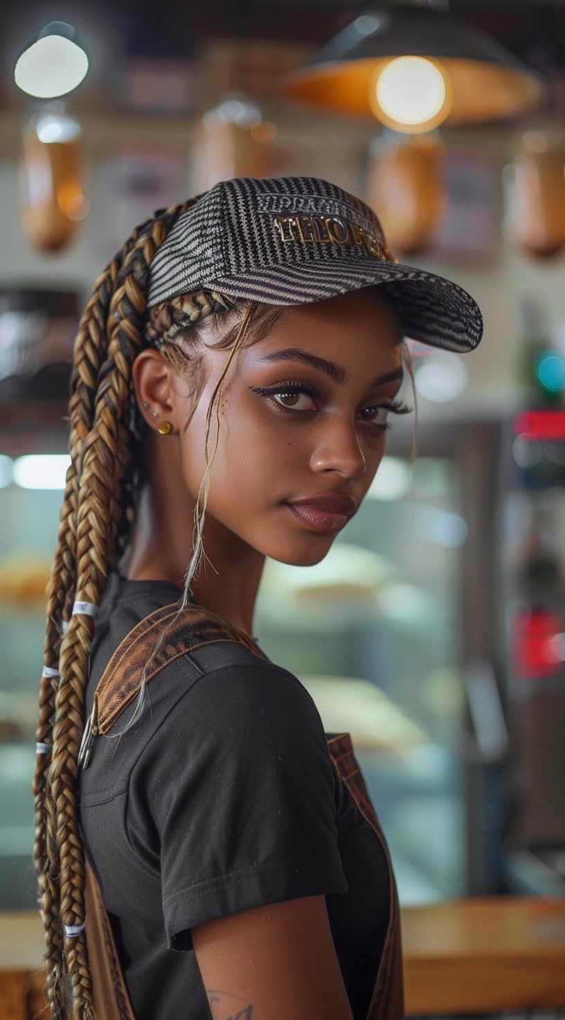 Close-up of a woman with thick braids adorned with decorative bands, wearing a checkered baseball cap.