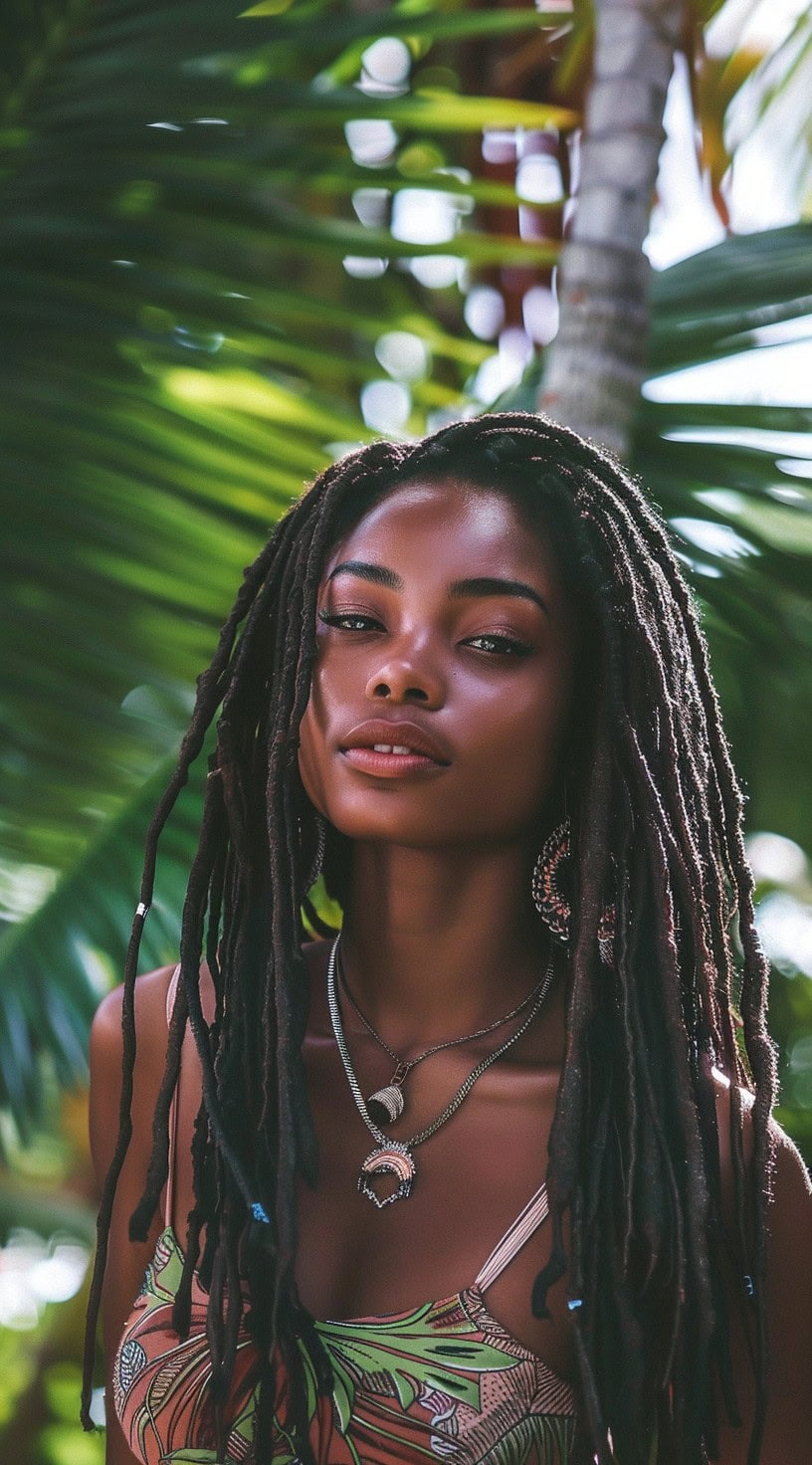 In the photo, a woman with thick locs styled with a side part stands in a tropical setting.