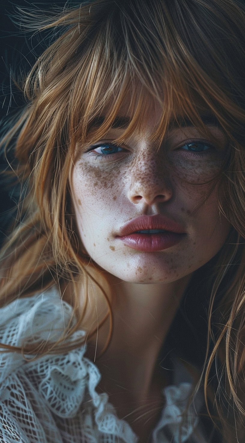 Close-up of a woman with thick, tousled bottleneck bangs, creating a voluminous and textured look.