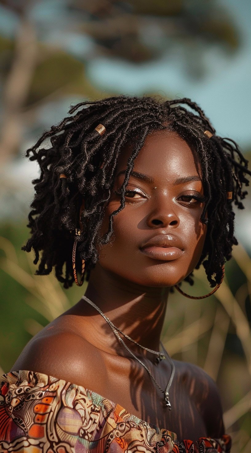 In this photo, a woman with thin butterfly locs gazes directly at the camera, showcasing her intricate hairstyle.