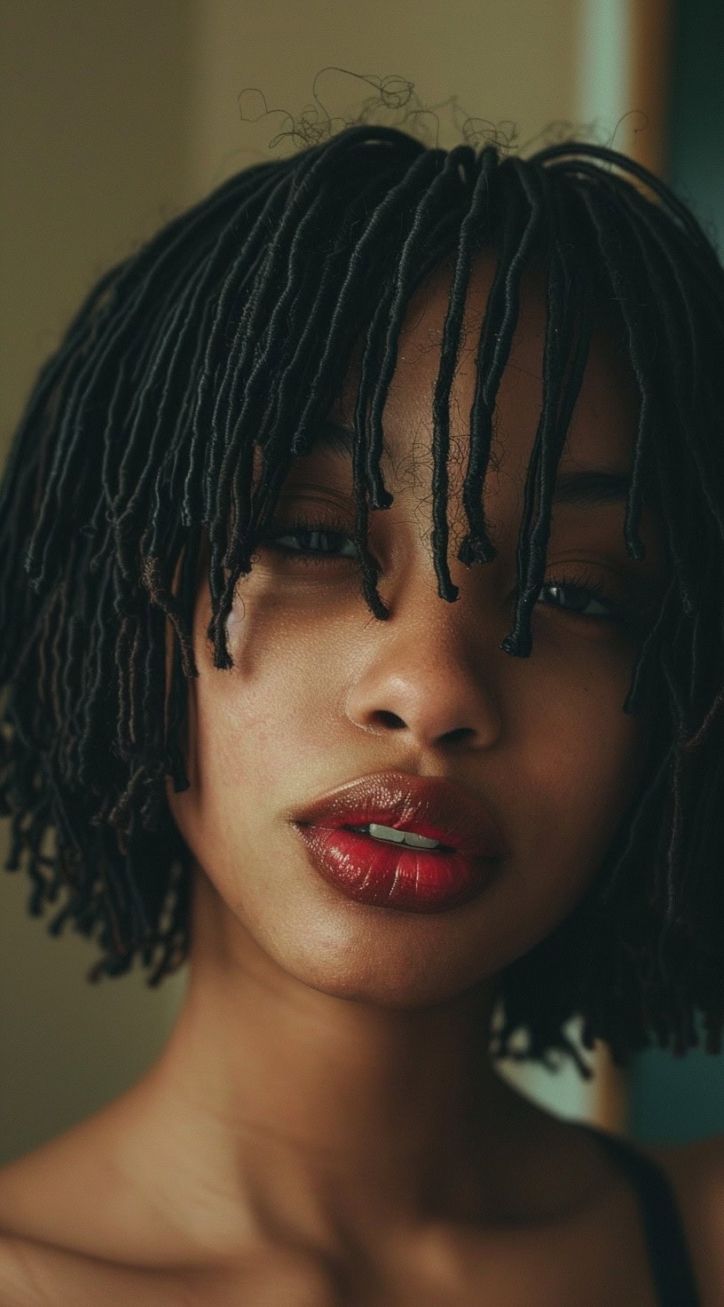 In this photo, a woman with a thin locs bob and wispy bangs looks directly into the camera.