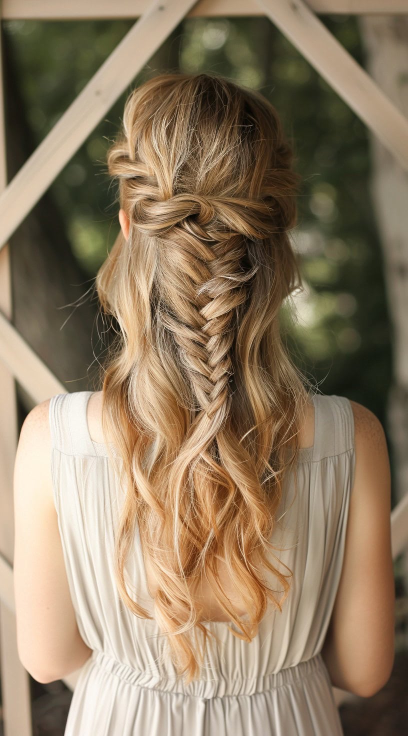 This photo shows a half-up hairstyle with a fishtail braid that progressively thins towards the ends.