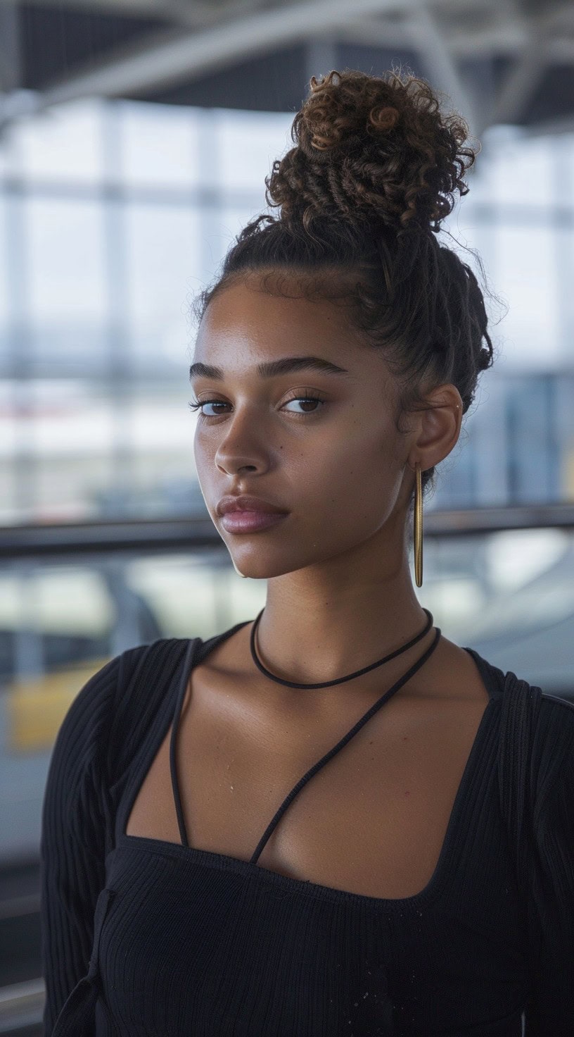 This photo shows a woman with curly hair styled into a top knot.