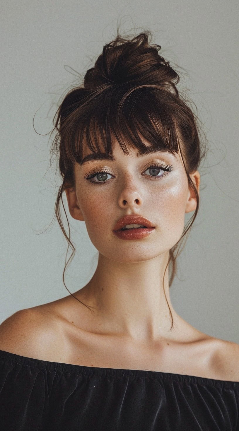 In this photo, a woman with a top knot and bangs looks directly at the camera.